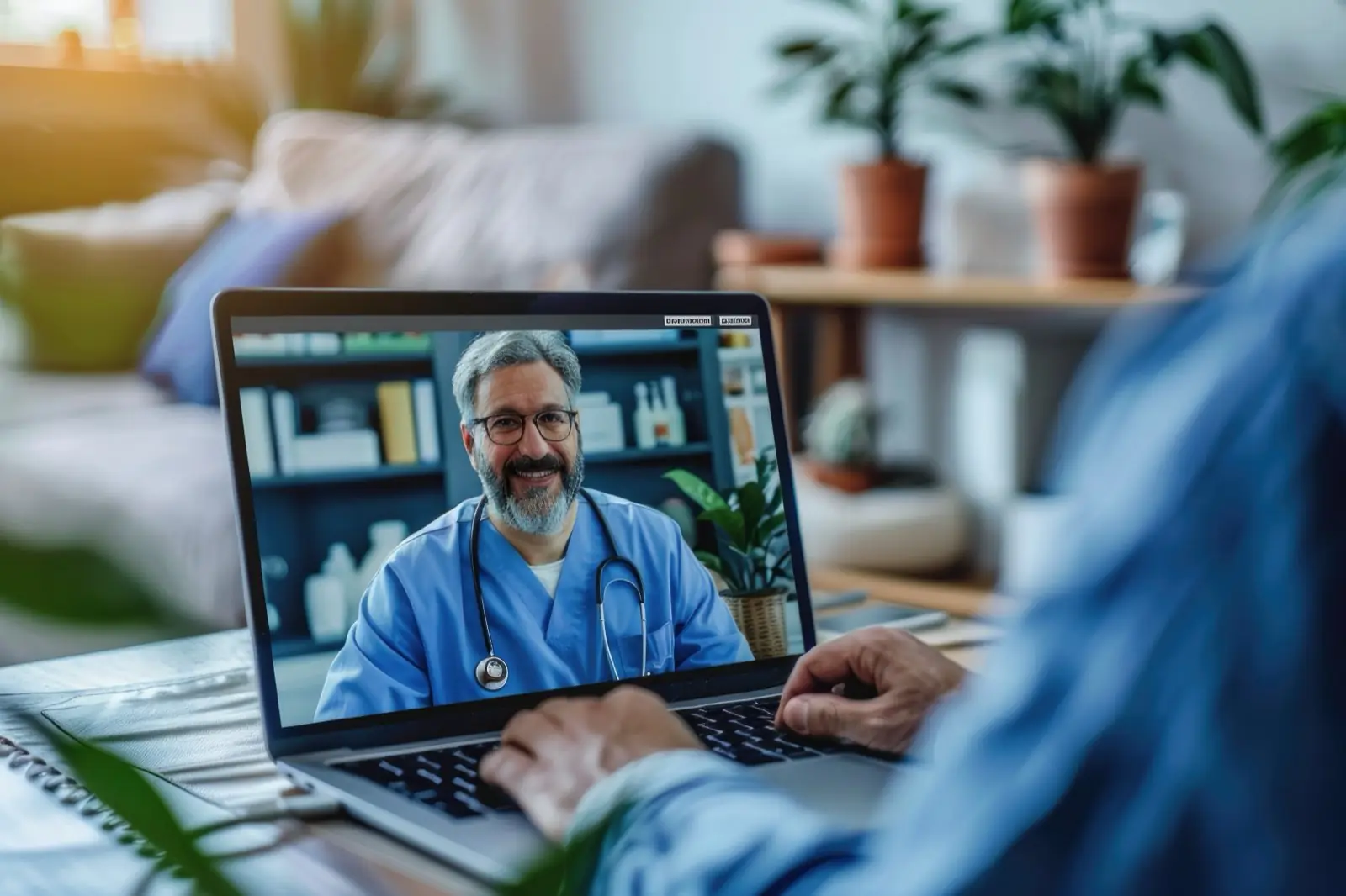 Online medical consultation with doctor via video call on laptop